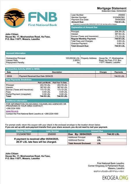 Modèle Word et PDF de relevé hypothécaire du Lesotho First National Bank Lesotho
